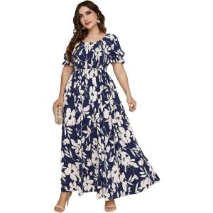 image:imageMakeMeChic Womens Plus Size Summer Floral Maxi Dresses Curvy Short Sleeve Shirred Boho Beach Wedding Long DressA Multi Blue