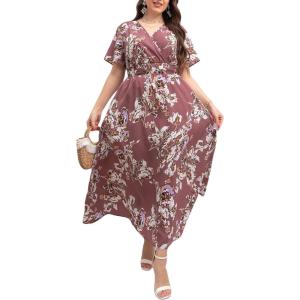 image:imageMakeMeChic Womens Plus Size Summer Floral Maxi Dresses Curvy Short Sleeve Shirred Boho Beach Wedding Long DressDusty Pink
