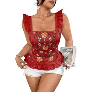 image:imageMakeMeChic Womens Plus Size Summer Floral Ruffle Sleeve Tank Top Square Neck Peplum Shirred ShirtBurgundy
