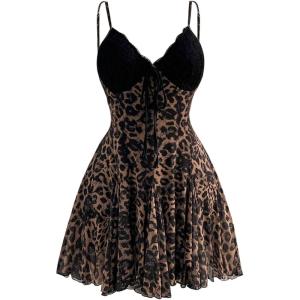 image:imageMakeMeChic Womens Plus Size Summer Mini Dress Cheetah Print Ruffle A Line Floral Lace Vintage Short DressesBrown