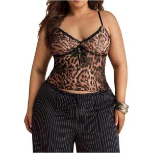 image:imageMakeMeChic Womens Plus Size Summer Tops Y2K Cheetah Print Lace Bow Spaghetti Strap Tank TopsMulticolor