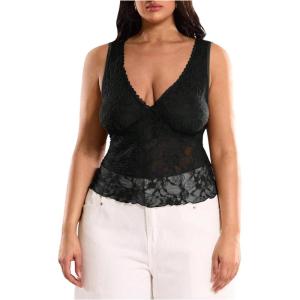 image:imageMakeMeChic Womens Plus Size Tank Top Floral Lace Deep V Neck Lettuce Trim Y2K Going Out TopsBlack