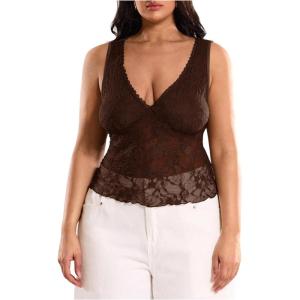 image:imageMakeMeChic Womens Plus Size Tank Top Floral Lace Deep V Neck Lettuce Trim Y2K Going Out TopsCoffee Brown