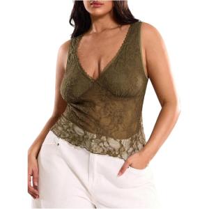 image:imageMakeMeChic Womens Plus Size Tank Top Floral Lace Deep V Neck Lettuce Trim Y2K Going Out TopsGreen