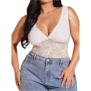 image:imageMakeMeChic Womens Plus Size Tank Top Floral Lace Deep V Neck Lettuce Trim Y2K Going Out TopsWhite