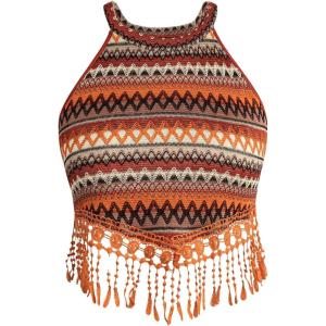 image:imageMakeMeChic Womens Plus Size Textured Sleeveless Fringe Trim Summer Crop Tank Top ShirtsMulti Orange