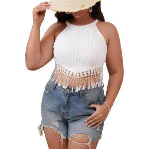 image:imageMakeMeChic Womens Plus Size Textured Sleeveless Fringe Trim Summer Crop Tank Top ShirtsWhite