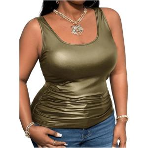 image:imageMakeMeChic Womens Plus Size Y2K PU Leather Tank Top Square Neck Ruched Sleeveless Vest Party Club TopsDark Green