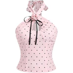 image:imageMakeMeChic Womens Polka Dots Flower Halter Crop Tops Criss Cross Cut Out Backless Shirred TankPink