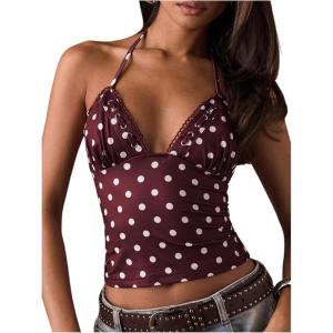 image:imageMakeMeChic Womens Polka Dots Halter Crop Tops Y2k Tie Backless Fitted Going Out TopCoffee Brown