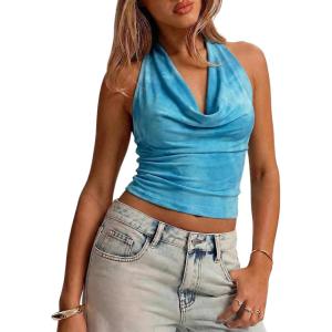 image:imageMakeMeChic Womens Polka Dots Halter Top Y2k Going Out Tops Backless Deep V Cowl Neck TopsLight Blue