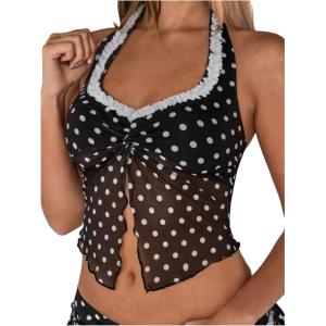 image:imageMakeMeChic Womens Polka Dots Halter Tops Y2k Twist Front Backless Ruffle Split TopBlack and White
