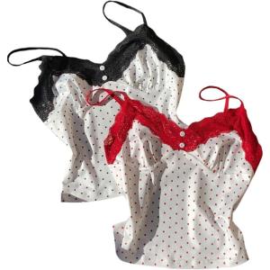 image:imageMakeMeChic Womens Polka Dots Lace Tank Top Spaghetti Strap Sleeveless 2 Pack Cami Crop TopsBlack and Red