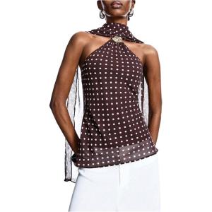 image:imageMakeMeChic Womens Polka Dots Mesh Sheer Tank Top Summer Halter Metal Sleeveless Going Out Tops with Scarf