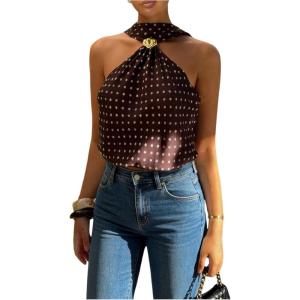 image:imageMakeMeChic Womens Polka Dots Open Back Halter Top Metal Decor Sleeveless Y2K Tank TopsBrown
