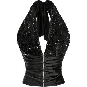 image:imageMakeMeChic Womens Rhinestone Glitter Sequin Halter Top Tie Open Back Sleeveless Fitted Party Tank TopsBlack