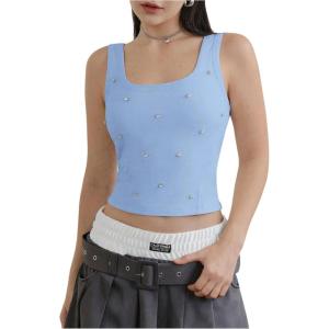 image:imageMakeMeChic Womens Rhinestone Sleeveless Y2k Crop Tank Top Sparkly Fitted Square Neck Top Summer Going Out TopsBlue