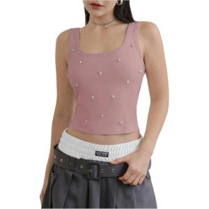 image:imageMakeMeChic Womens Rhinestone Sleeveless Y2k Crop Tank Top Sparkly Fitted Square Neck Top Summer Going Out TopsPink