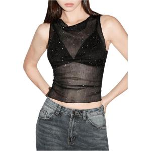 image:imageMakeMeChic Womens Rhinestone Sparkly Mesh Sheer Top Draped Front Tank Crop TopsBlack