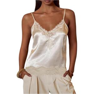 image:imageMakeMeChic Womens Satin Lace Camisole Top V Neck Sleeveless Going Out Party Tank TopsApricot