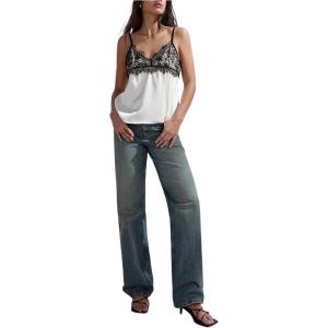 image:imageMakeMeChic Womens Satin Lace Camisole Top V Neck Sleeveless Going Out Party Tank TopsBlack and White