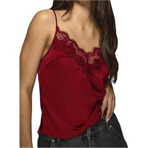 image:imageMakeMeChic Womens Satin Lace Camisole Top V Neck Sleeveless Going Out Party Tank TopsBurgundy