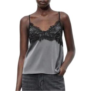 image:imageMakeMeChic Womens Satin Lace Camisole Top V Neck Sleeveless Going Out Party Tank TopsDark Grey