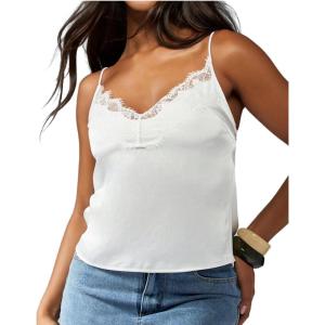 image:imageMakeMeChic Womens Satin Lace Camisole Top V Neck Sleeveless Going Out Party Tank TopsWhite