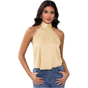 image:imageMakeMeChic Womens Satin Silk Backless Halter Tops High Neck Sleeveless Camisole Summer Classy Going Out TopBeige