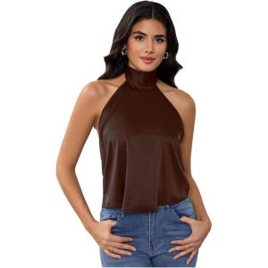 image:imageMakeMeChic Womens Satin Silk Backless Halter Tops High Neck Sleeveless Camisole Summer Classy Going Out TopBrown a