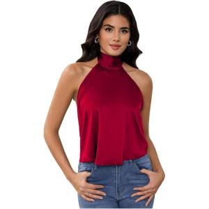 image:imageMakeMeChic Womens Satin Silk Backless Halter Tops High Neck Sleeveless Camisole Summer Classy Going Out TopBurgundy