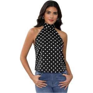 image:imageMakeMeChic Womens Satin Silk Backless Halter Tops High Neck Sleeveless Camisole Summer Classy Going Out TopPolka Dots Black