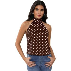 image:imageMakeMeChic Womens Satin Silk Backless Halter Tops High Neck Sleeveless Camisole Summer Classy Going Out TopPolka Dots Brown
