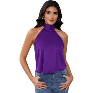 image:imageMakeMeChic Womens Satin Silk Backless Halter Tops High Neck Sleeveless Camisole Summer Classy Going Out TopPurple