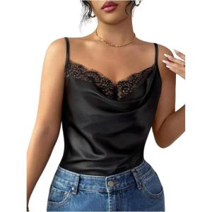 image:imageMakeMeChic Womens Satin Silk Lace Camisole Top Draped Front Spaghetti Strap Sleeveless Cami TopBlack