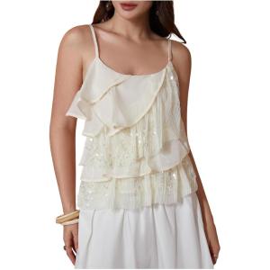 image:imageMakeMeChic Womens Sequin Camisole Tops Sparkly Ruffle Tiered Layer Asymmetrical Crop TopApricot