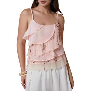 image:imageMakeMeChic Womens Sequin Camisole Tops Sparkly Ruffle Tiered Layer Asymmetrical Crop TopPink