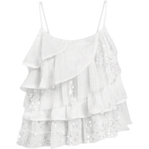 image:imageMakeMeChic Womens Sequin Camisole Tops Sparkly Ruffle Tiered Layer Asymmetrical Crop TopWhite