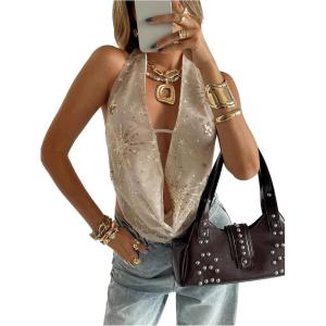 image:imageMakeMeChic Womens Sequin Embroidery Deep V Neck Halter Tops Sparkly Open Back Draped Party TankBeige