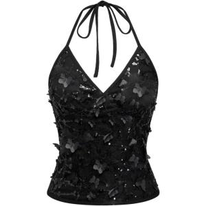 image:imageMakeMeChic Womens Sequin Halter Sparkly Top Y2k 3D Butterfly Crop Tops Glitter Cami TopsBlack