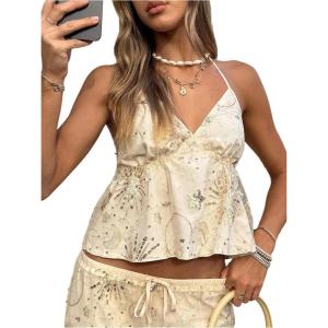 image:imageMakeMeChic Womens Sequin Halter Top Tie Open Back Y2K Club Sleeveless Babydoll TopsApricot