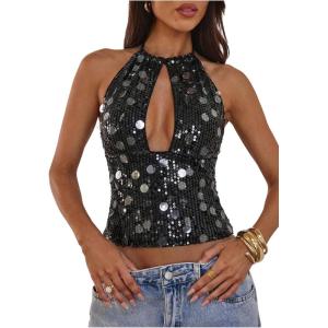 image:imageMakeMeChic Womens Sequin Open Back Halter Top Sparkly Cut Out Party Club Crop TopsBlack