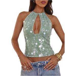 image:imageMakeMeChic Womens Sequin Open Back Halter Top Sparkly Cut Out Party Club Crop TopsLight Green