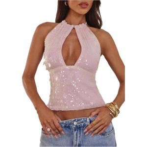 image:imageMakeMeChic Womens Sequin Open Back Halter Top Sparkly Cut Out Party Club Crop TopsPink