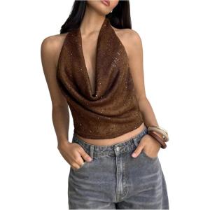image:imageMakeMeChic Womens Sequin Sparkly Cowl Neck Halter Tops Open Back Party Tank ClubwearBrown