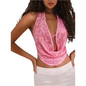 image:imageMakeMeChic Womens Sequin Sparkly Draped Halter Tops Open Back Sleeveless Y2k Party Tank ShirtsPink