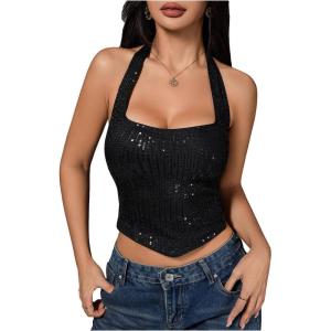image:imageMakeMeChic Womens Sequin Sparkly Halter Crop Tops Backless Party Tank ClubwearBlack