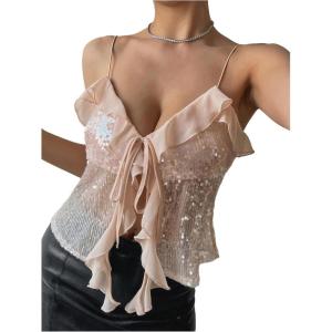 image:imageMakeMeChic Womens Sequin Sparkly V Neck Cami Tops Tie Front Ruffle Party Tank Crop TopsPink