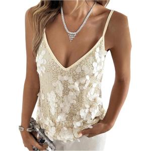 image:imageMakeMeChic Womens Sequin Tank Top Fall Deep V Neck Camisole Sparkly Sleeveless Going Out TopsApricot