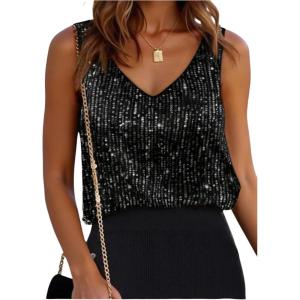 image:imageMakeMeChic Womens Sequin Tank Top Sparkly Sleeveless V Neck Rave Party Tops ClubwearBlack